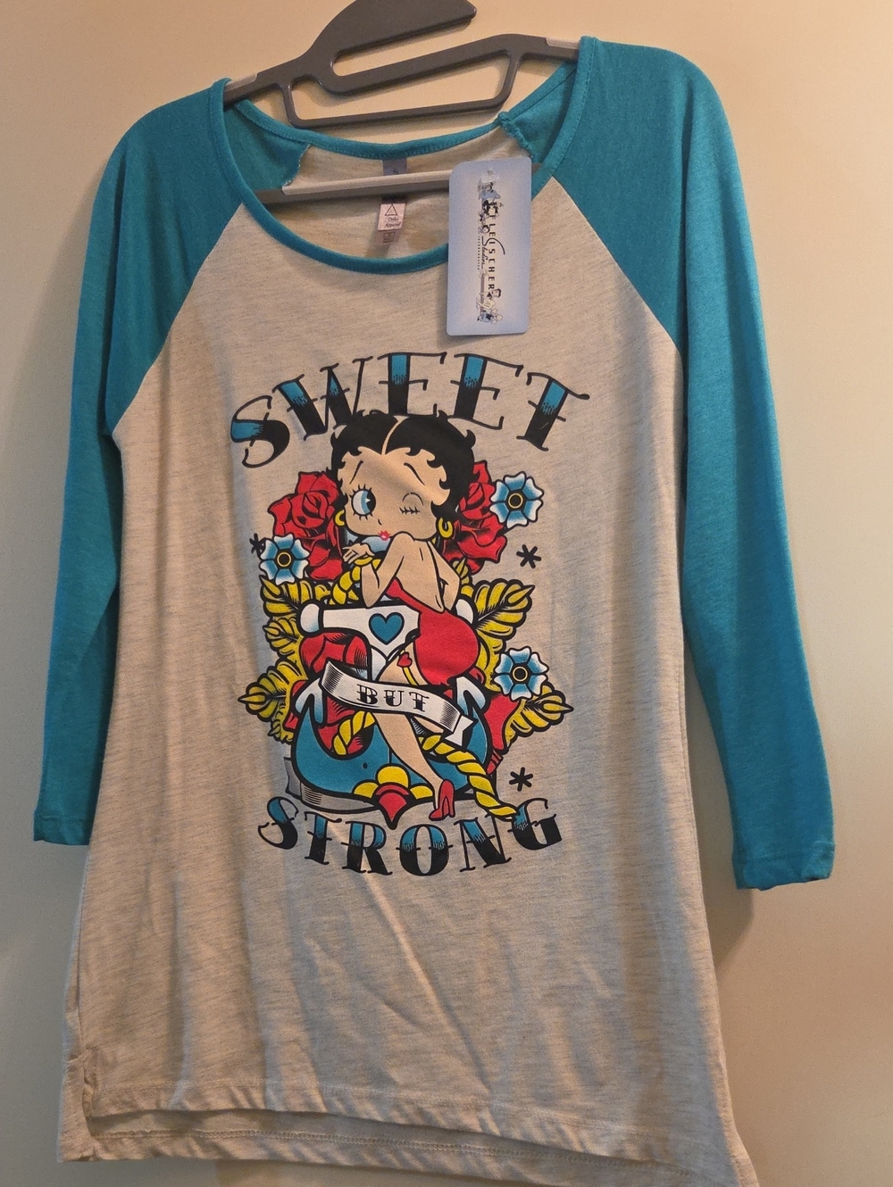 Betty Boop Teal and Gray Raglan Tee with Colorful 'Sweet But Strong' Graphic